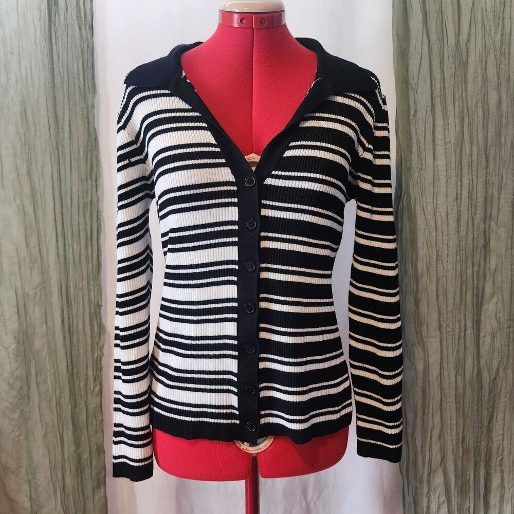 CATO Black and‎ White Striped Button Up Long Sleeve Sweater Size M